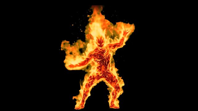 A powerful 3D animated humanoid creature composed entirely of roaring flames and molten embers dancing dynamically against an isolated black backdrop. Perfect for action movie compositing, video game 