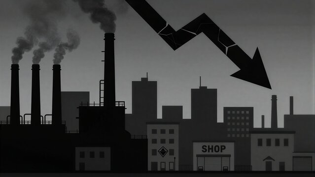 Industrial pollution and economic decline depicted in a stark, monochrome cityscape.