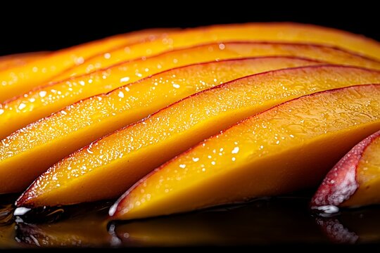 Sliced juicy mango fruit on black with close up macro shot, and healthy snack.