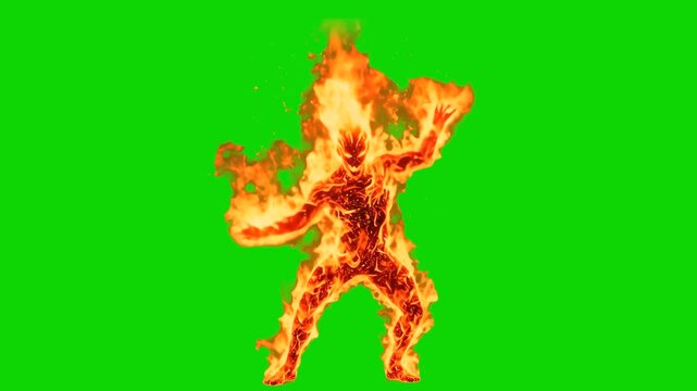 A 3D animated humanoid figure completely engulfed in realistic simulation flames performs a dynamic dance. The blazing character element is keyed against a solid green screen backdrop for effortless a