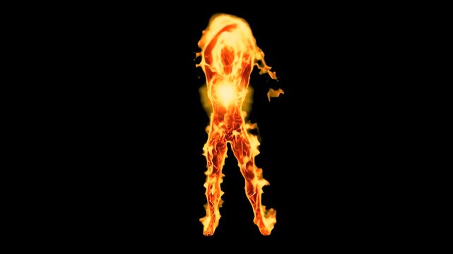 A powerful 3D animated humanoid creature composed entirely of roaring flames and molten embers dancing dynamically against an isolated black backdrop. Perfect for action movie compositing, video game 