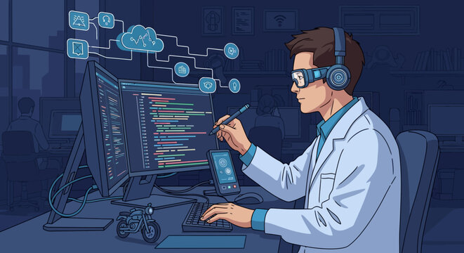 Man wearing VR headset working on computer coding data.
