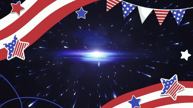 American flag bunting and stars frame this celebratory background design with a central glowing light effect for patriotic events.