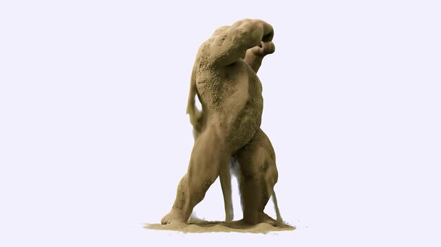 A unique humanoid character made entirely of animated sand performs a fluid dance routine against a clean white background. This highly creative 3D particles animation captures granular motion and tex