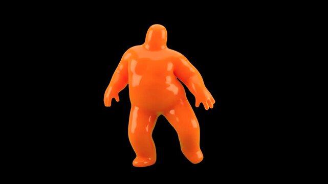 A vibrant orange, glossy clay-like or slime humanoid figure dances energetically against a dark black backdrop. The fluid, smooth 3D animation gives the character a playful, plasticine look that is ex