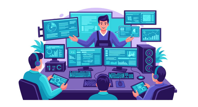 Man teaching computer programming to students in a modern office.