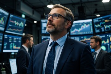 Obraz premium Professional man in a high-tech business setting, contemplating AI integration shown on multiple digital screens.