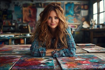Fototapeta premium Smiling Artist in Workshop with Colorful Artwork, Creative Studio, and Portrait of Woman.