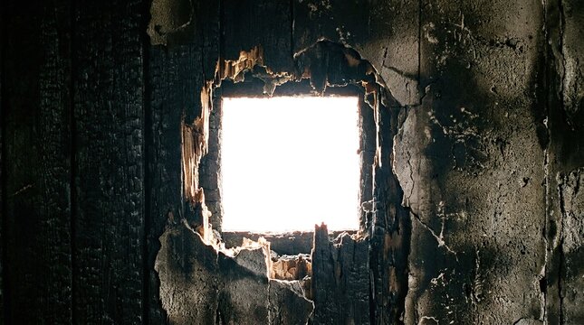 Rough jagged hole in charred wall exposing bright light from outside