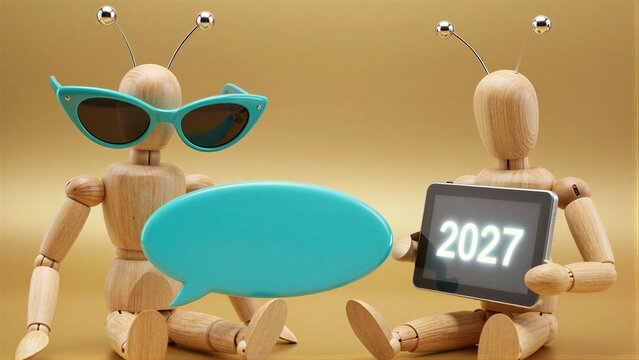 Two wooden alien figures, one with sunglasses and a speech bubble, the other holding '2027'.