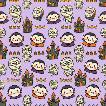 Halloween cartoon characters pattern with vampires mummies castles