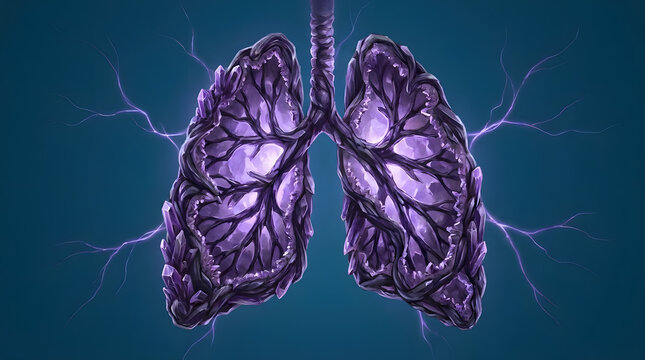 Surreal human lungs made of purple amethyst crystals with glowing purple lightning sparks