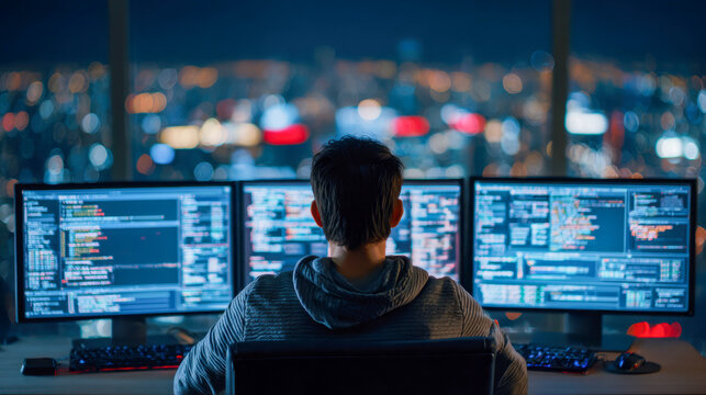Programmer working late at night on multiple monitors with complex coding and software development interface in an urban high-rise office setting