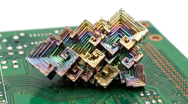 Colorful rainbow bismuth crystal on a green circuit board close up
