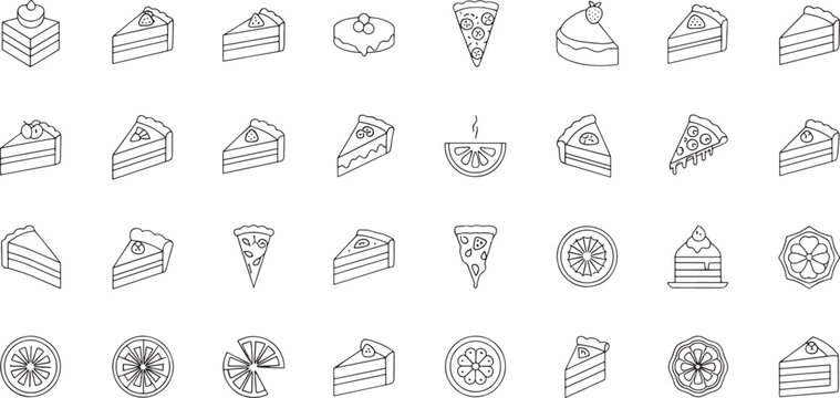 Collection of various cake and pizza slices with lemon isolated on white background for food and dessert concepts