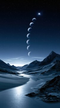 Serene nighttime mountain landscape with a winding icy river and the moon phases aligned vertically under a bright star in a clear starry sky