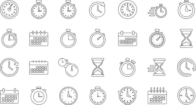 Set of various clock and calendar icons including stopwatches hourglasses and planners in simple line art style for time management and scheduling concepts  various time keeping devices