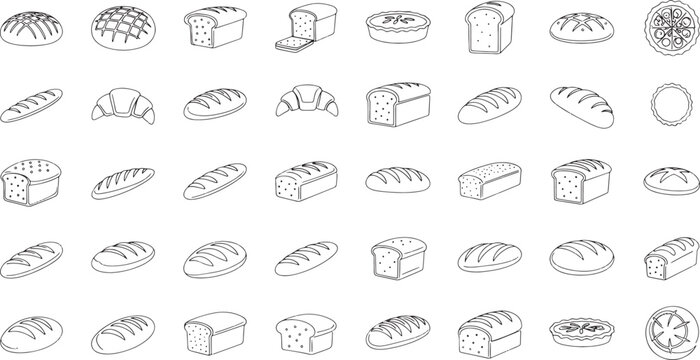 Various types of bread and baked goods illustrations including loaves boules baguettes ciabatta and pastries  many different breads are shown