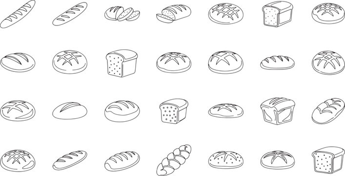 Various types of bread and loaves including baguettes sliced bread boules ciabatta and rustic breads  isolated on white background