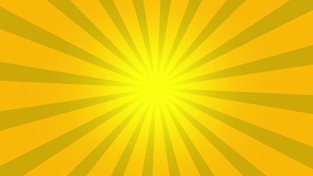 Yellow and orange sunburst background animation, rotating radial rays, comic book style sunbeams, retro pop art motion graphic, celebratory energy, grand opening visual.
