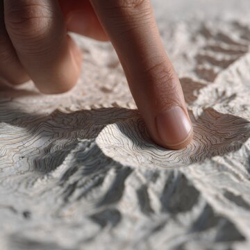 Finger exploring a detailed physical topographic map showcasing elevation changes and mountain terrain with contour lines in soft natural light
