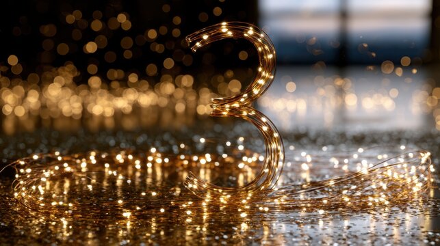 Warm glowing string lights intricately shaped into the number three with soft bokeh background creating a cozy and festive ambiance on reflective surface