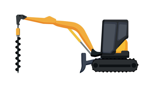 Flat vector illustration of a yellow track auger drilling machine used for construction foundation works.