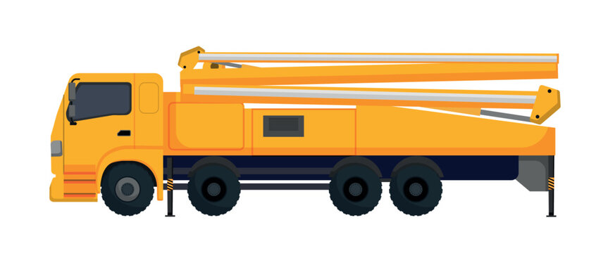 Vector illustration of a yellow commercial concrete pump truck with a folded hydraulic boom arm. Isolated on white background.