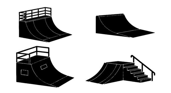 Minimal black silhouette icon, simple flat vector, bold black shape, no, no shading set of skate park ramps and obstacles on a, flat icon style