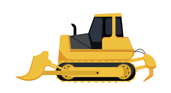 Flat vector illustration of a yellow industrial track dozer equipped with a rear ripper on white background.