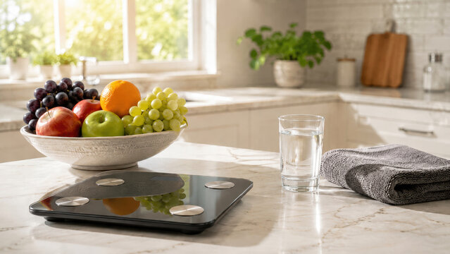 Cucina luminosa con frutta fresca bilancia digitale acqua e asciugamano fitness. Generative AI 