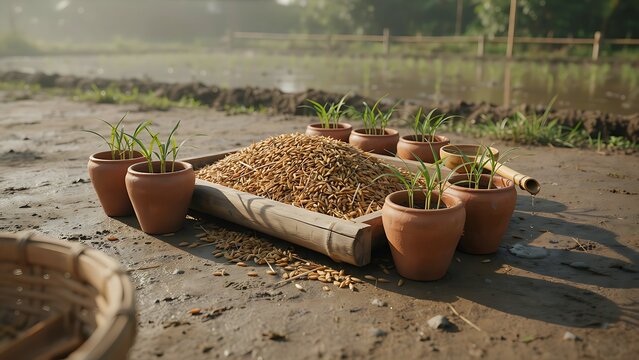 Rice seedlings in pots and seeds on wooden tray on muddy ground outdoors in farm field agriculture scene