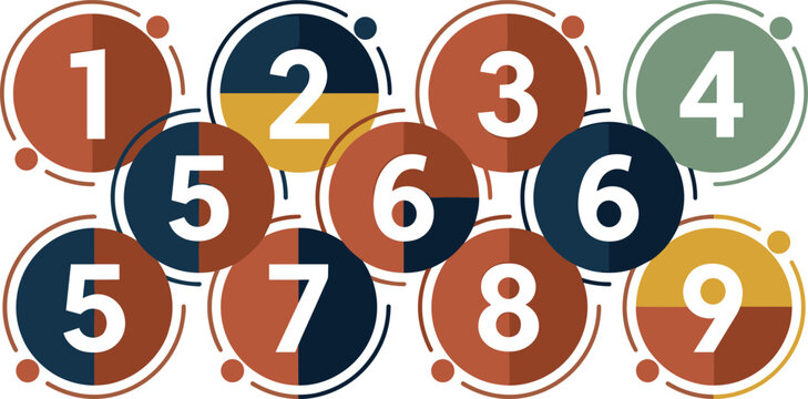 Vector colorful flat linear illustration set featuring infographic numbers from one to nine geometric abstract circular buttons and step options elements