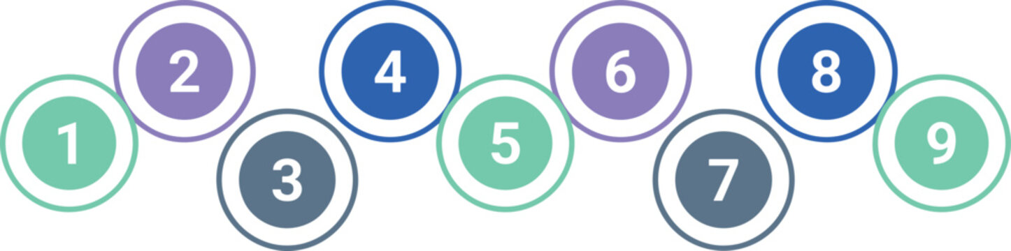 Vector colorful flat linear illustration set featuring infographic numbers from one to nine geometric round circular timeline or step option elements