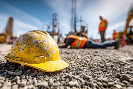 Yellow safety helmet abandoned on rocky ground with blurred construction workers and industrial site in the background signaling an accident or emergency situation