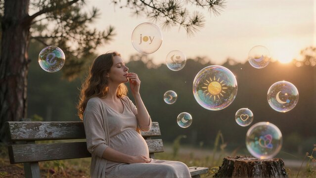 Pregnant woman sits on bench, blowing bubbles filled with joy and calmness at sunset.