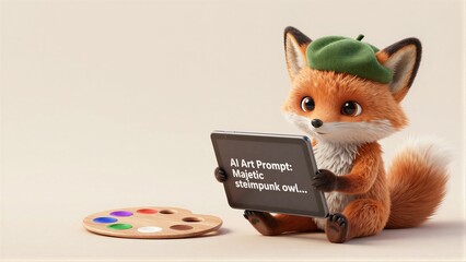 Obraz premium Cute fox in green beret holds tablet, palette nearby on beige background.