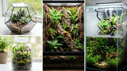 Naklejka premium Gecko in glass terrarium with plants alongside various miniature indoor garden systems. exotic pet care and nature hobby at home. setup for reptile habitat, aquarium and botanical decor.