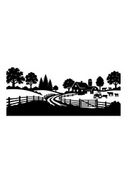 Obraz premium Rural Farm Landscape Silhouette with Farmhouse Barn and Tractor