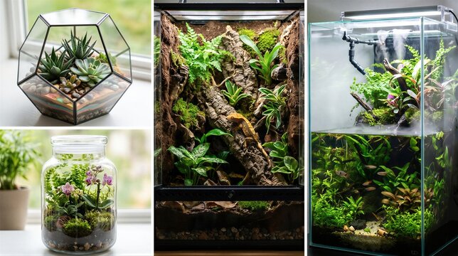 Gecko in glass terrarium with plants alongside various miniature indoor garden systems. exotic pet care and nature hobby at home. setup for reptile habitat, aquarium and botanical decor.
