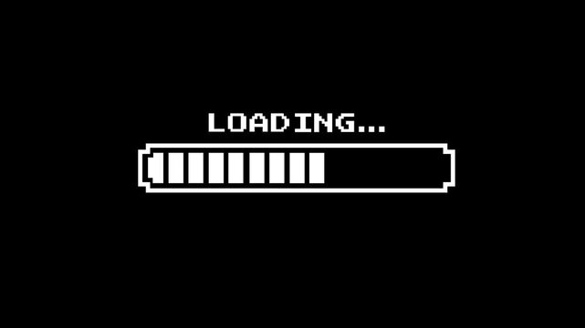 Retro pixel art loading progress bar animation, white elements on black background, vintage computer screen, 8-bit game status indicator, motion graphic, old school.
