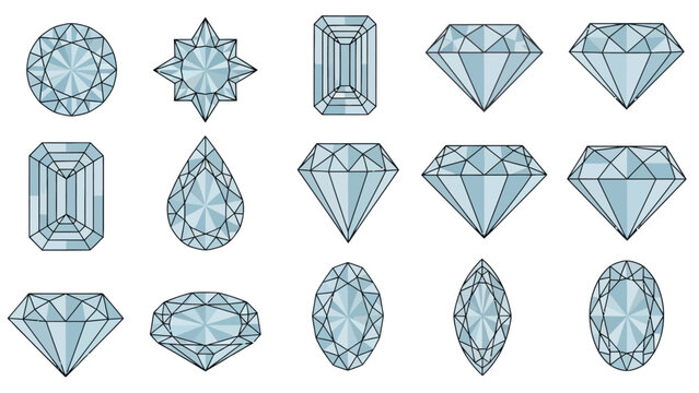 Collection of 15 different gemstone cuts illustrated in top and profile views