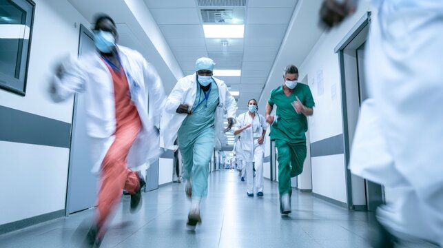 Busy medical staff in modern corridor of healthcare facility responding quickly to emergencies and patient needs