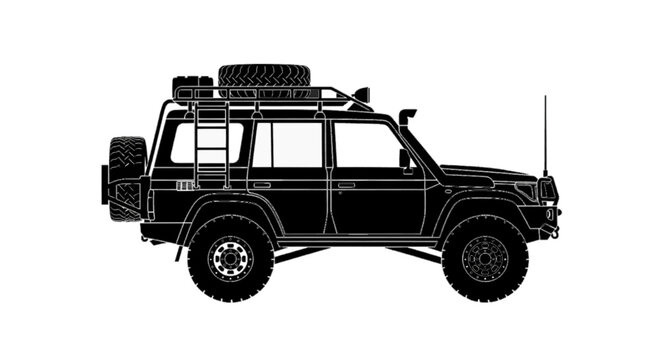Minimal black silhouette icon, simple flat vector, bold black shape, no, no shading offroad suv vehicle silhouette with roof rack and spare tire on a, flat icon style