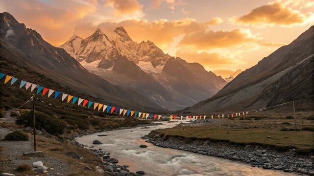 Majestic mountain valley with prayer flags during golden hour cinematic drone flyover