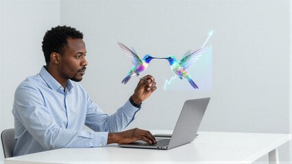 Fototapeta premium Man interacts with holographic hummingbirds and data charts during digital work session.