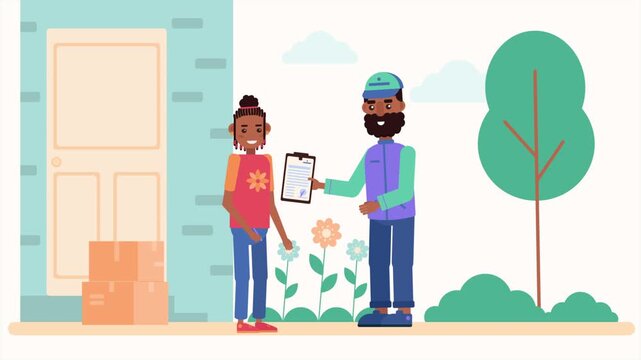 Courier delivers package to woman signing clipboard in this colorful flat vector animation motion video