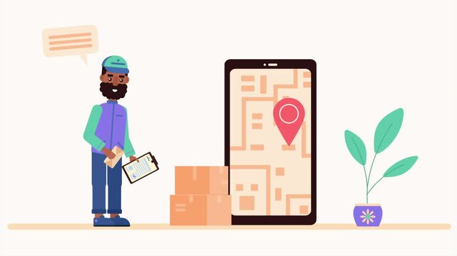 Delivery courier holds clipboard and parcel near digital map navigation interface in this animated motion clip