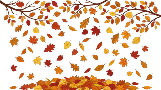 Many colorful autumn leaves falling from tree branches onto large leaf pile. Suitable for seasonal backgrounds, naturerelated designs, and autumnthemed marketing materials.