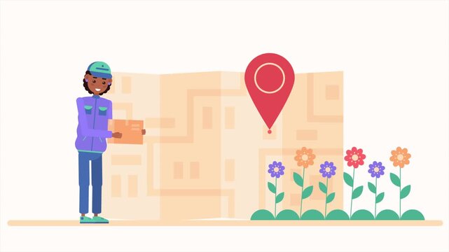 Friendly delivery person holds a brown package in this colorful flat vector animation motion video